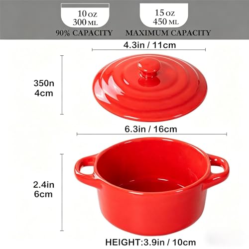 Mini Dutch Oven Set of 4, 14 oz Ceramic Mini Dutch Ovens with Lids and Handles, Ramekins with Lids for French Onion Soup, Pot Pies, Soufflés and Baked Desserts, Oven Microwave Dishwasher Safe, Mini Cocotte，（Red） - color: Red