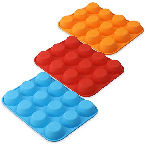 Silicone Muffin Pan, Cupcake Pan, 12 Cups, Food Grade Egg Muffin Baking Silicone Molds, Non-stick, 3 Pcs