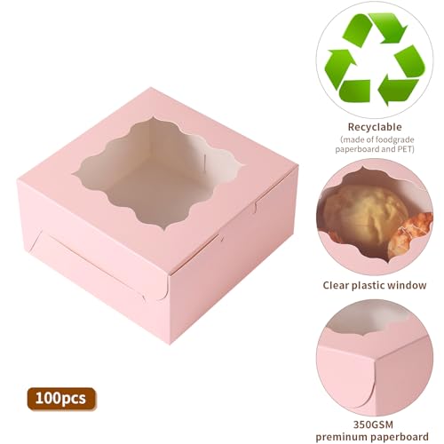 100 pcs 6x6x3 Inches Small Cake Box with Window, Bakery Pastry Cookie Boxes, Mini Pie container for Pastry,Dessert,Strawberries,Chocolates, Cupcakes with paper stickers (pink) - color: Pink/100pcs