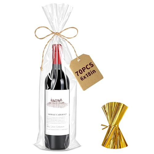 Yuiicaov Cellophane Bags for Wine Bottles, 6x18 Inches 70Pcs Clear Wine Gift Cello Bags With Twist Ties, Clear Treat Bags Packaging for Wine Champagne (Flat, No Gusset) - size: 6×18 Inch(Pack of 70)