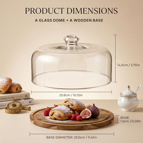 Clear Wooden Glass Dessert Dome with Base, Round Cake Stand Cover, Pastry Display Cloche for Food, Cake Plate with Cover for Baking Gifts Birthday Kitchen Party Weddings (11.4 inch)