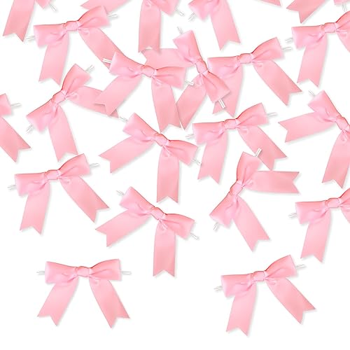 Meseey 50 Pcs 3 Inches Twist Tie Satin Ribbon Bows Pink Pretied Premade Craft Bows for Treat Bags Gift Wrapping Basket Wedding Baby Shower Brithday Christmas Party (3", Pink) - color: Pink
