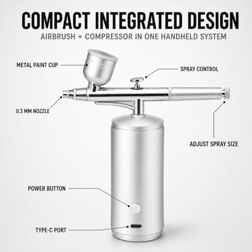 Cordless Airbrush Kit with Compressor, 48PSI Rechargeable Spray Gun Set, 0.3mm Nozzle & 2 Paint Cups (20cc/40cc) for Painting, Nail Art, Cake Decor, Makeup, Modeling