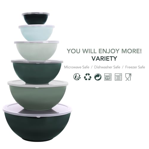 BoxedHome BPA Free Plastic Round Mixing Bowl with Lids, 12 Pack Nesting Bowls with Lids Set, Microwave and Dishwasher Safe Prep & Serving Bowls Great for Mixing, Baking, Serving (Green, 12pcs) - color: Green