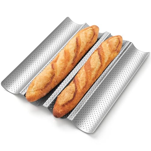 Pavsrmy Baguette Bread Pan, Premium Nonstick Perforated Baguette Pan for French Bread Baking, 4 Loaves Baguette Baking Tray for Sourdough, Italian Bread, Perfect for Creating Crisp Golden-Brown Crust