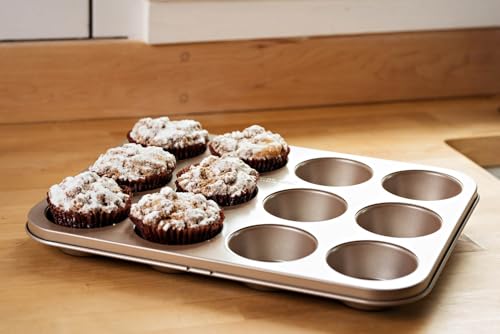 David Burke 12-Cup Muffin Pan, Carbon Steel, PFTE & PFOA Free, Oven Safe, Diamond Textured Surface – Bronze - color: Bronze, size: 12-Cup Muffin Pan