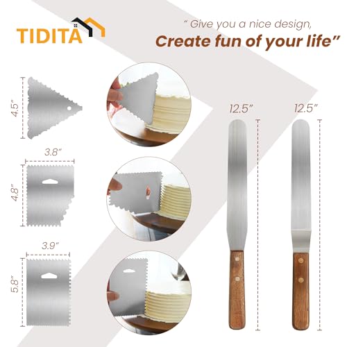 TIDITA 13" Acacia Cake Stand Rotating with 2 Icing Spatulas, 3 Smoothers - color: Acacia Wood