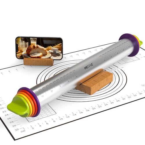 Adjustable Rolling Pin,13.6''Dough Roller with Mat&Stand Fits Uniform Dough - size: Rolling Pin+Mat+Stand