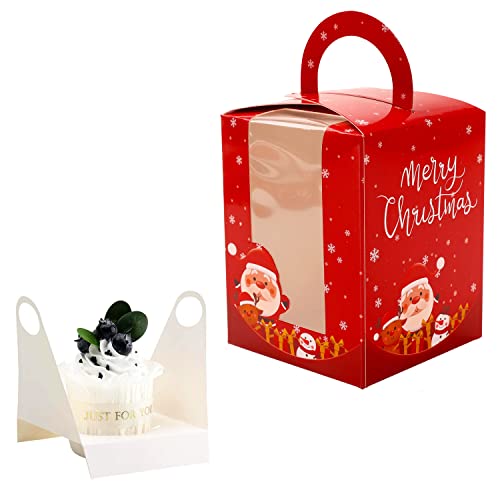 Christmas Cupcake Boxes,12 Pcs Single Cupcake Carrier with Window Insert and Handle, Cupcake Carriers for Bakery Wrapping Sweets Christmas Festival Party Favor Packaging