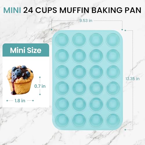 CAKETIME Silicone Mini Muffin Pan, 24 Cups Nonstick Mini Cupcake Pan for Baking Muffin, Cupcake, Egg Bites, Fat Bomb, Light Blue - size: Mini 24-Cup