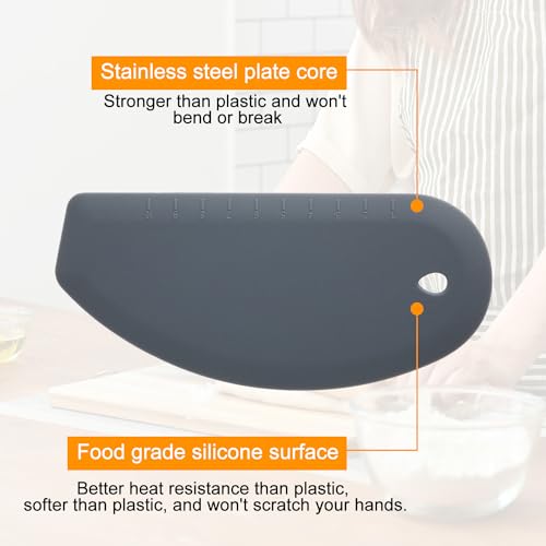 2pcs Silicone Dough Scraper, Curved Edge Bench Scraper & Stainless Steel Sheet Flexible Pastry Scraper Bread Cutter Bowl Pan Scraper Tool for Baking Sourdough Bread Proofing Cake Basket(Pink, Grey)