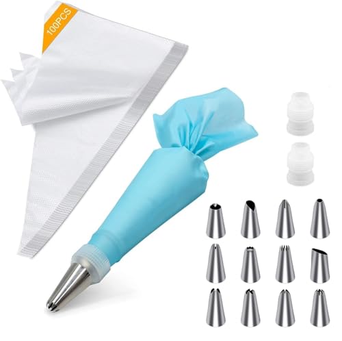 Tamodan Piping Bags and Tips, Cake Piping Bags and Tips Suitable for Beginners Included 100PCS 16 Inch Disposable Piping Bags with 12 Piping Tips Set, 2 Coupler and 1 Reusable Pastry Bags - color: 12 inch