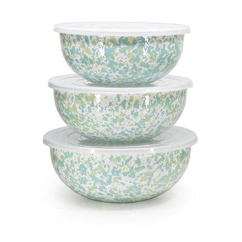 Golden Rabbit Enamelware Nested Mixing Bowls with Lids, Set of 3, Jardin Swirl - color: Jardin Swirl
