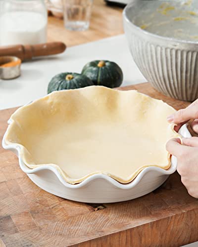 LE TAUCI Ceramic Pie Pans for Baking, 11 Inches Deep Dish Pie Plate for Apple Pie, Pot Pie, 48 Ounce Baking Dish with Ruffled Edge, Set of 2, White - color: White