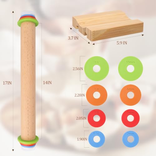 Adjustable Rolling Pin with Thickness Rings, 17 Inch Wood Roller - size: 17INCH