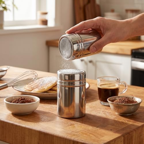 1Pcs Powdered Sugar Shaker Duster, Stainless Steel Dusting Powder Container, Fine Mesh Shaker Powder Cans with Lid, S