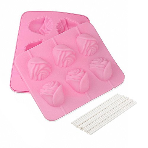 3D Flower Lollipop Mold and 20Pcs Sticks - MoldFun Rose Silicone Lolly Pop Tray for Hard Candy Chocolate Gummy Jello Sucker