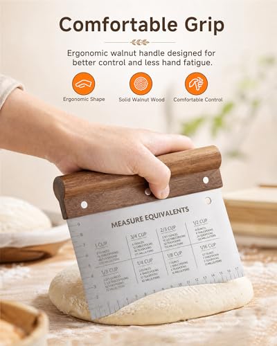 7" Large Bench Scraper with Wood Grip, Dough Cutter for Bread & Food