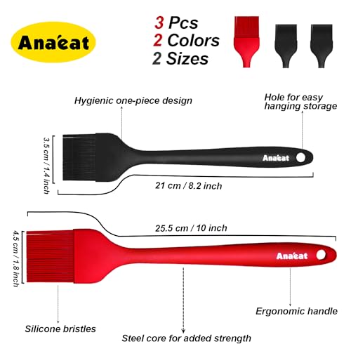 Anaeat High Heat Resistant Silicone Basting Pastry Brush Set of 3- Hygienic One-Pieces Design Spread Oil Butter for BBQ Grill Barbecue Baking Kitchen Cooking - BPA Free & Dishwasher Safe (10"+8.2") - color: 3 Pcs (10" Red + 8.2" Black)