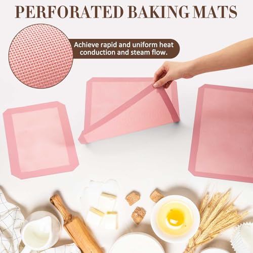 3 Pack Perforated Baking Mats, 3 Pink Silicone Nonstick Mats Set