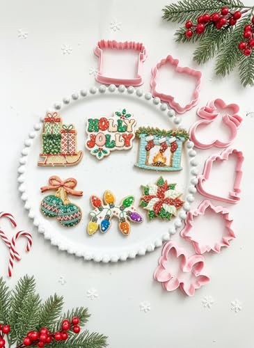 6Pcs Christmas Cookie Cutter Set - 2-3 Inch Large Size Christmas Gift Box with Sled, Holly Jolly, Fireplace, Bell, Lights & Wreath Shapes, Food Safe PLA, Kid Friendly for Winter Holiday