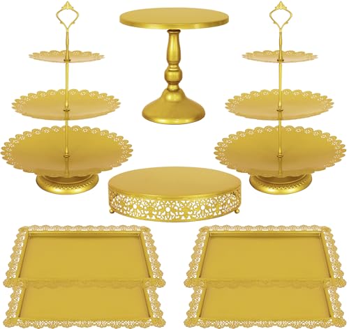 Fivenl 8 Pcs Cake Stand Gold Metal Dessert Table Display Set, 3-Tier Cupcake Stand, Cake Display Tower and Cookie Tray Rack Serving Tray for Birthday Party, Weddings, Baby Shower (Gold) - color: Gold