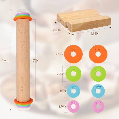 Adjustable Rolling Pin with Thickness Rings, 14 Inch Wood Roller - size: 14INCH