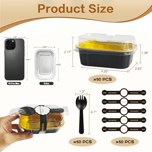 mini loaf pans with lids and spoons 50 Pack,5.5 oz Rectangle mini individual cake tins Disposable Small Aluminum Foil Baking pans (50, Black) - color: Black