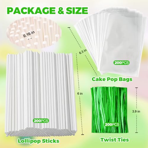 600Pcs Lollipop Stick, 6IN Cake Pop Sticks with Clear Treat Bags & Green Twist Ties, Cake Pops Making Tools for Lollipops, Candies, Chocolates Cookies - color: Green 600Pcs