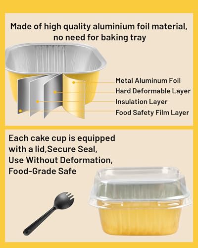 Mini Cake Pans with Lids, Square, 50 Pack, 10 oz, Gold - color: Gold, size: Square-10oz-50pcs