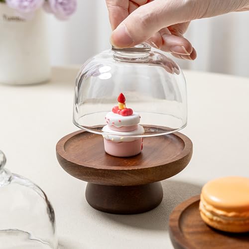 2 Pack 4.1 Inch Mini Cake Stands with Glass Domes, Acacia Wood Dessert Display Stands for Macarons, Cupcakes, Candy, Cookies and Cheese Bites - color: Two 4.1-inch Mini Acaciawood Dessert Cups
