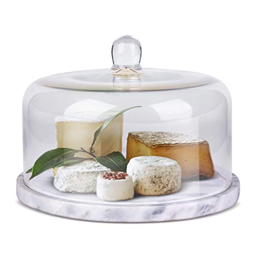 Flexzion Marble Cake Stand with Lid Round Glass Cover Glass Dome Cake Saver Cheese Holder Serving Platter Stone Cake Stand Cutting Board Slab Set for Kitchen Dining Bakery Pastries Display, 11 Inches - size: 11 Inch