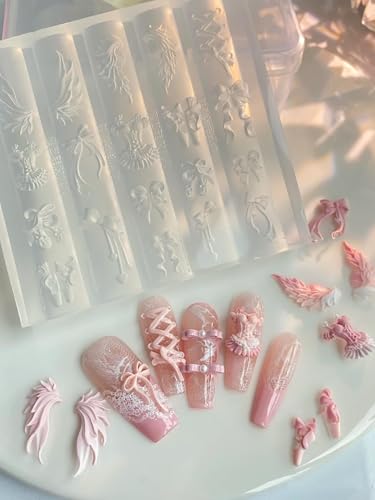 Angelic Wings 3D Nail Art Mold Feather Bowknot Ballet Shoes Silicone Template for Elegant Resin Manicure Charms - color: Angelic Wings Elegance