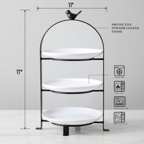 SparkWorks 3 Tiered Cake Stand, Tea Party Serving Platter, Dessert and Cupcake Stand, Metal Tiered Serving Stand Includes Three Premium White Stoneware Plates - size: 8.5 inch
