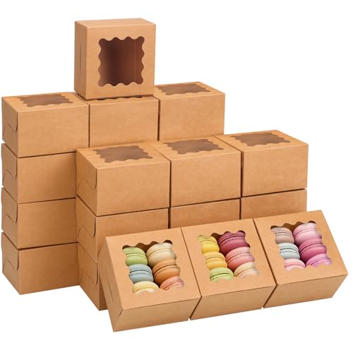 TOMNK 150pcs Small Cookie Boxes with Window, 4x4x2.5In Cookie Packaging - color: Brown