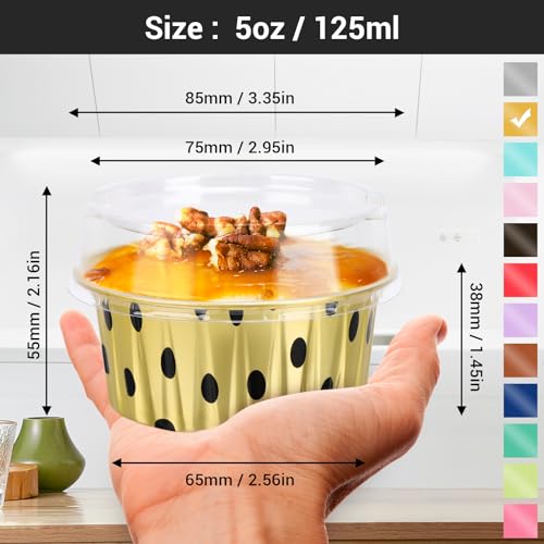 EUSOAR Creme Brulee Ramekins - 50pcs 5oz Disposable Aluminum Foil Baking Cups with Lids, Dessert Containers - color: Gold Polka Dot, size: 50pcs