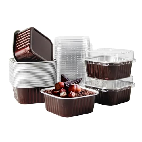 50 Pcs Mini Square Baking Cups with Lids,5oz Aluminum Foil Mini Cake Pans with Lids,Disposable Ramekins Cake Pans,150ml Dessert Cups Cupcake Pans for Wedding Birthday Party,Coffee - color: Coffee, size: 5oz