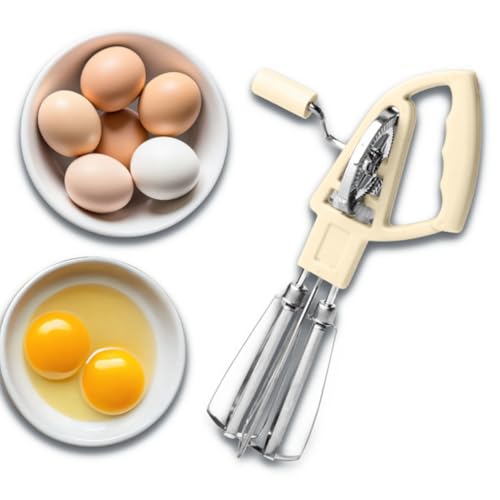 Rotary Egg Beater Manual Hand Crank Mixer - Stainless Steel Hand Mixer with Double Rotating Heads for Beating, Blending, and Whipping - Dishwasher Safe Kitchen Gadgets by Kings County Tools (Cream) - color: Cream White