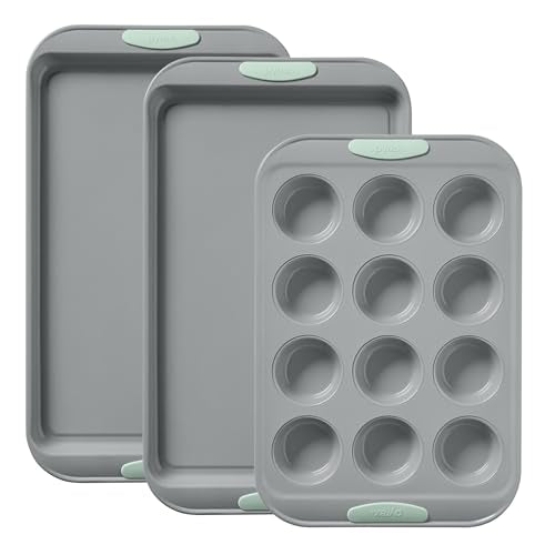 Pyrex 3-Piece Metal Cookie & Muffin Sheet Bakeware Set, Sage - color: Sage, size: 3 Piece Value Pack