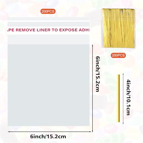 6x6 Inches Self Sealing Cellophane Bags Self Adhesive Treat Bag Clear Resealable Large Cookie Bags with Twist Ties for Gift Giving Party Favors Bag 200 Pieces - size: 6x6 Inches