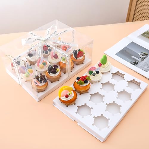 5 Pcs clear cupcake boxes with gift ribbon, 12 count cupcake container, plastic cupcake tray, suitable for desserts, cookies, muffins for Easter and Mother's Day.(White, 12 Counts/5 pcs) - size: 12 Counts/5 pcs