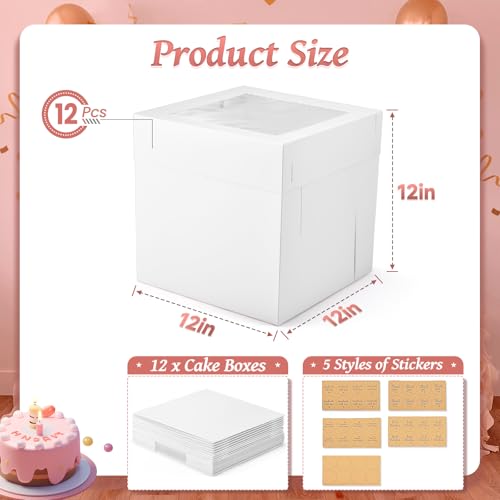 12Pcs Cake Boxes, 12x12x12 Inches Tall Cake Boxes with Window, White - color: White, size: 12x12x12inch