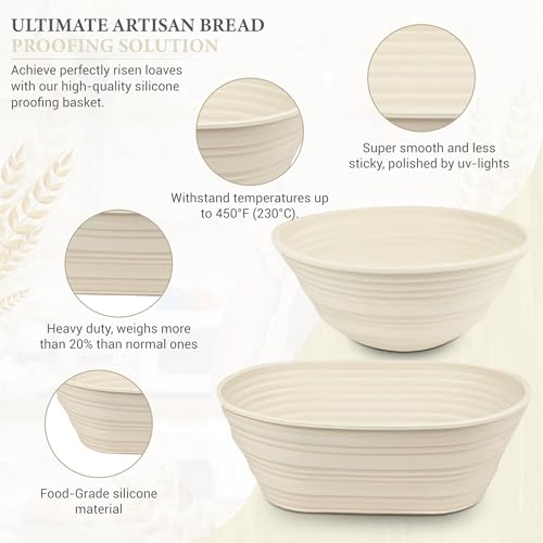 Premium Foldable Silicone Sourdough Banneton Bread Proofing Basket - Includes Oval & Round proofing Bowls (9.5 Inch) - Oven & Dishwasher Safe, Gifts for Artisan Bakers - Beige - color: Beige