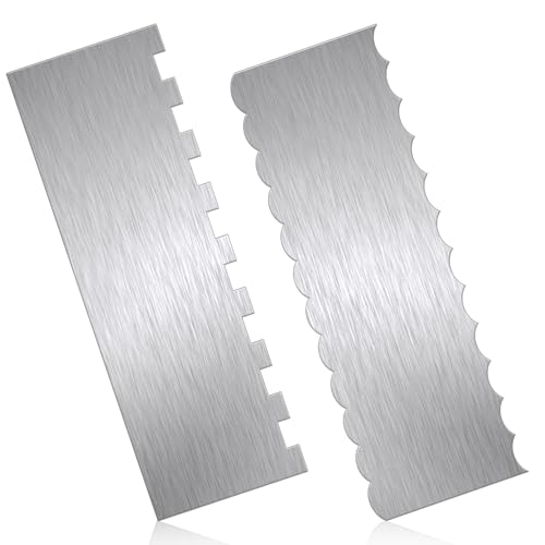 JJUNW 2 Pcs Stainless Steel Cake Scraper, Cake Scrapers Smoother Alisador De Pasteles, Double Sided Patterned Edge Stripe Smoother Scrapers For Butter Mousse Cream Decoration