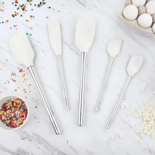 Tovolo Stainless Steel Handled Silicone Spatula Set of 5 White, Dishwasher Safe Kitchen Spatula Set for Cooking Baking, Non Toxic BPA Free Silicone Spatula set with Metal Steel Handle - color: White, style: Stainless Steel Handle