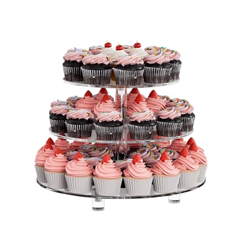 3 Tier Acrylic Cupcake Tower, 10" 12" 14" Round Trays - size: 14" x 14" x 9.1"