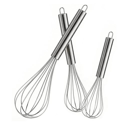OOKUU Stainless Steel Wire Whisk Set - 3 Packs Balloon Whisk, Thick Wire Wisk ＆ Strong Handles, Egg Frother for Cooking, Blending, Whisking, Beating and Stirring (8"+10"+12")