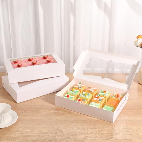 48pcs 12x8x2.5 Inches Bakery Boxes,Cookie Boxes with 3Style for Window,Sturdy Large Treat Box For Chocolate,Strawberries,Dessert,Cakes,Donuts,pastry|350gsm Food-grade Thickness Cardboard - color: White/48pcs