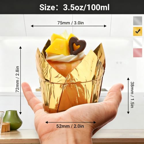 EUSOAR Disposable Baking Cups, 3.5 Ounce 100pcs Gold Tulip Aluminum Foil Cups, Aluminum Cupcake Pan Ramekin Tins - color: Gold, size: 3.5oz, 100pcs