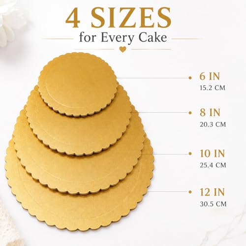 Gold Scalloped Cake Boards, 4 Pack, 6, 8, 10, 12 Inch Cake Circles - color: Gold